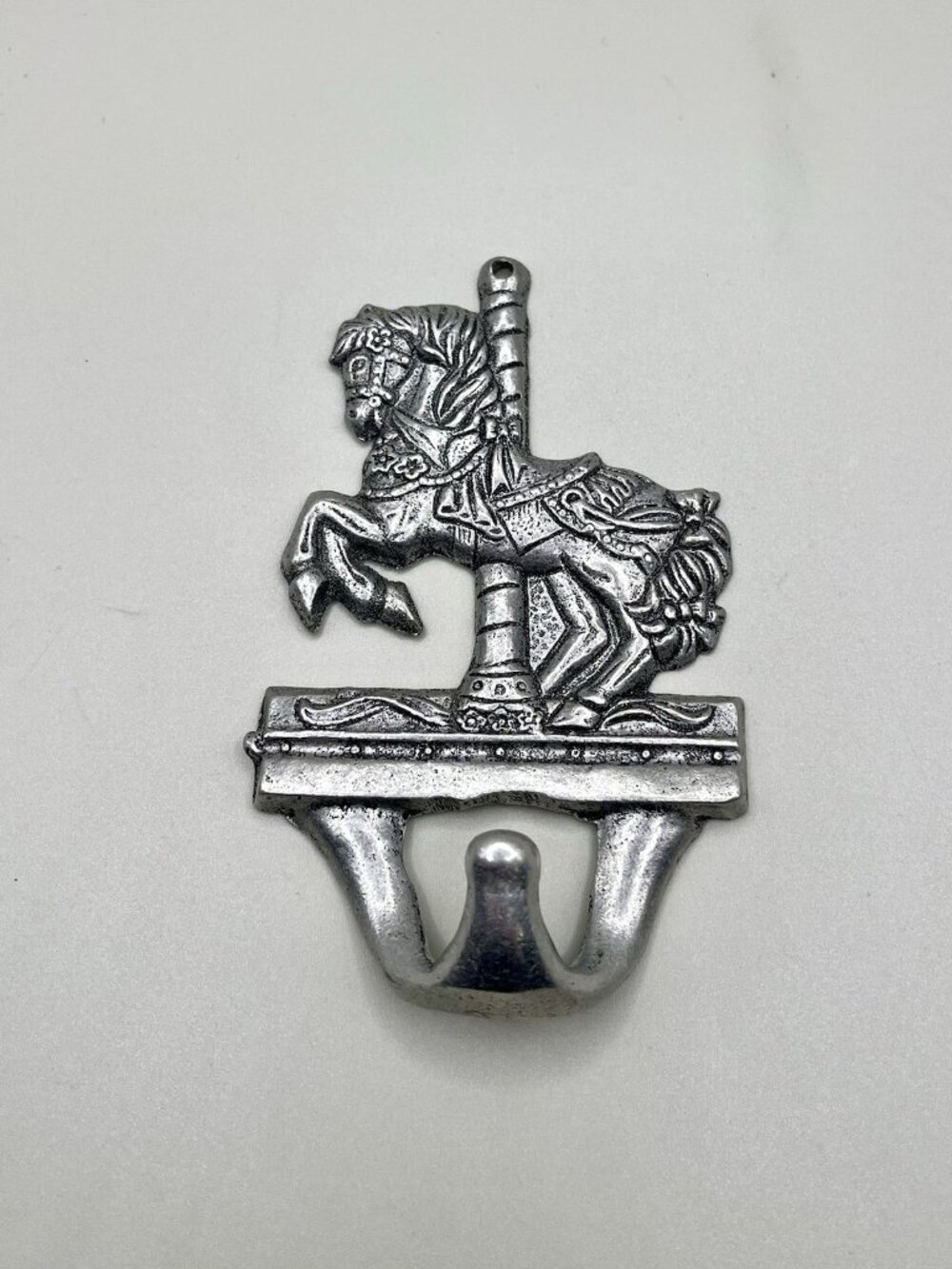 Vintage Silver Tone Carousel Horse Wall Hook Cast Metal Nursery Victorian Circus